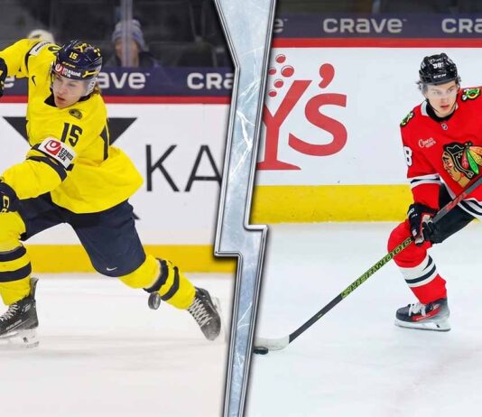 A split-screen comparison photo featuring top NHL prospect Ivar Stenberg in a yellow and blue jersey taking a shot (left), and Chicago Blackhawks star Connor Bedard in a red jersey ready for action (right). This highlights the connection between the top 2026 international draft ranking and the superstar center discussed in the latest NHL news.