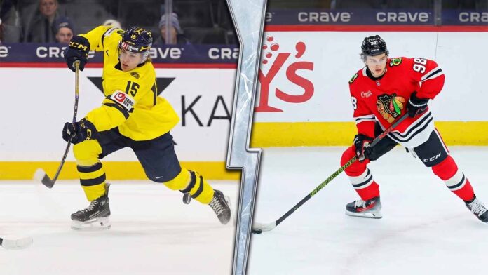 A split-screen comparison photo featuring top NHL prospect Ivar Stenberg in a yellow and blue jersey taking a shot (left), and Chicago Blackhawks star Connor Bedard in a red jersey ready for action (right). This highlights the connection between the top 2026 international draft ranking and the superstar center discussed in the latest NHL news.