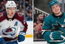 NHL News: MacKinnon Hits 50 Goals, Celebrini Heroics, & Playoff Race Update Split image of NHL players. Left panel: Nathan MacKinnon of the Colorado Avalanche in a white road jersey, looking focused on the ice. Right panel: Macklin Celebrini of the San Jose Sharks in a teal jersey, smiling toward fans. Two major figures in current NHL News regarding milestones and playoff races.