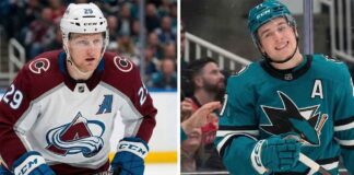 Split image of NHL players. Left panel: Nathan MacKinnon of the Colorado Avalanche in a white road jersey, looking focused on the ice. Right panel: Macklin Celebrini of the San Jose Sharks in a teal jersey, smiling toward fans. Two major figures in current NHL News regarding milestones and playoff races.