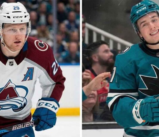 Split image of NHL players. Left panel: Nathan MacKinnon of the Colorado Avalanche in a white road jersey, looking focused on the ice. Right panel: Macklin Celebrini of the San Jose Sharks in a teal jersey, smiling toward fans. Two major figures in current NHL News regarding milestones and playoff races.