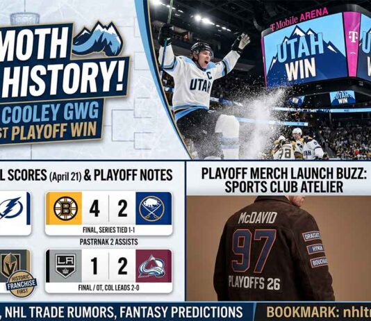 NHL infographic from nhltraderumor.com detailing the Utah Mammoth's historic first playoff win over Vegas, featuring Logan Cooley's game-winning goal. Includes yesterday's NHL scores for April 21, 2026, and upcoming Game 3 previews for Wednesday.