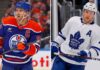 A split-screen photo of Edmonton Oilers captain Connor McDavid on the left and Toronto Maple Leafs defenseman Morgan Rielly on the right, highlighting today's latest NHL news, playoff injury updates, and offseason trade rumors.
