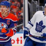 A split-screen photo of Edmonton Oilers captain Connor McDavid on the left and Toronto Maple Leafs defenseman Morgan Rielly on the right, highlighting today's latest NHL news, playoff injury updates, and offseason trade rumors.