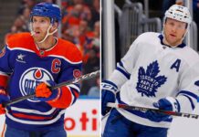A split-screen photo of Edmonton Oilers captain Connor McDavid on the left and Toronto Maple Leafs defenseman Morgan Rielly on the right, highlighting today's latest NHL news, playoff injury updates, and offseason trade rumors.