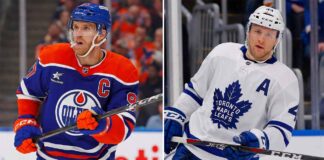 A split-screen photo of Edmonton Oilers captain Connor McDavid on the left and Toronto Maple Leafs defenseman Morgan Rielly on the right, highlighting today's latest NHL news, playoff injury updates, and offseason trade rumors.