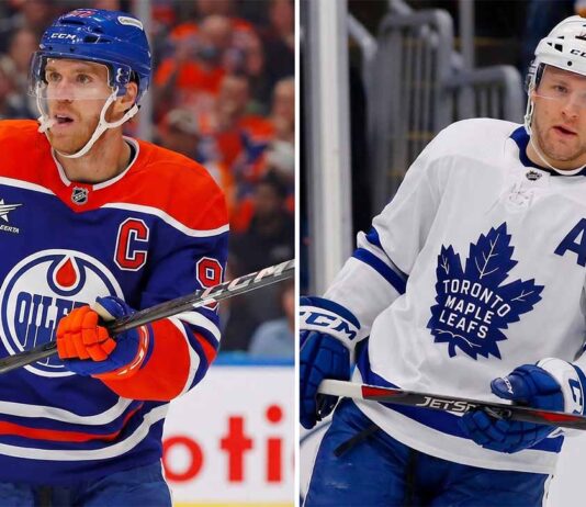 A split-screen photo of Edmonton Oilers captain Connor McDavid on the left and Toronto Maple Leafs defenseman Morgan Rielly on the right, highlighting today's latest NHL news, playoff injury updates, and offseason trade rumors.