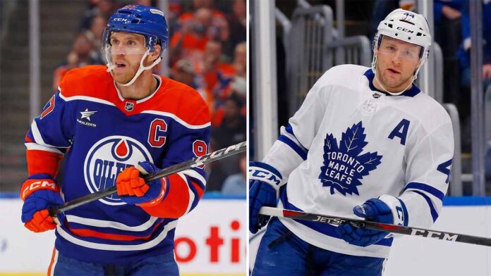 A split-screen photo of Edmonton Oilers captain Connor McDavid on the left and Toronto Maple Leafs defenseman Morgan Rielly on the right, highlighting today's latest NHL news, playoff injury updates, and offseason trade rumors.