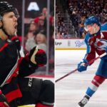 Split image of Hurricanes' Stankoven celebrating and Avalanche's Makar skating; banner reads NHL Playoff Heroics.