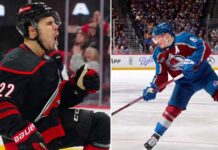 Split image of Hurricanes' Stankoven celebrating and Avalanche's Makar skating; banner reads NHL Playoff Heroics.
