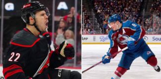 Split image of Hurricanes' Stankoven celebrating and Avalanche's Makar skating; banner reads NHL Playoff Heroics.