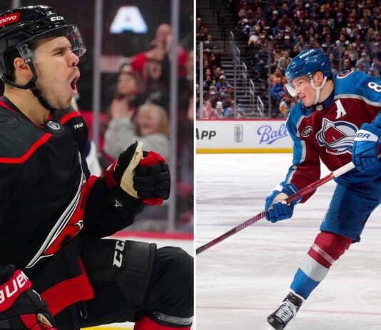 Split image of Hurricanes' Stankoven celebrating and Avalanche's Makar skating; banner reads NHL Playoff Heroics.