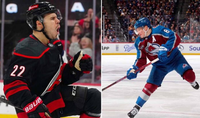 Split image of Hurricanes' Stankoven celebrating and Avalanche's Makar skating; banner reads NHL Playoff Heroics.