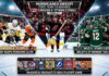 Infographic summarizing NHL News and Scores from April 26, 2026, featuring the Carolina Hurricanes sweep, Sidney Crosby and the Penguins’ win over the Flyers, and Matt Boldy’s OT winner for the Wild. Also includes the schedule for upcoming games and a note on Connor McDavid’s 100th playoff game.