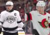 Split image of LA Kings captain Anze Kopitar and Ottawa Senators captain Brady Tkachuk on the ice.