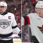 Split image of LA Kings captain Anze Kopitar and Ottawa Senators captain Brady Tkachuk on the ice.