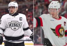 Split image of LA Kings captain Anze Kopitar and Ottawa Senators captain Brady Tkachuk on the ice.