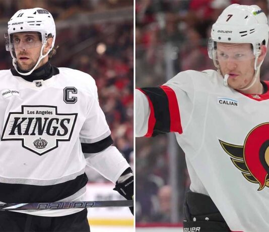 Split image of LA Kings captain Anze Kopitar and Ottawa Senators captain Brady Tkachuk on the ice.