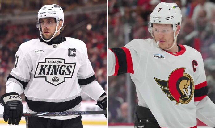 nhl-news-april-27-2026 Split image of LA Kings captain Anze Kopitar and Ottawa Senators captain Brady Tkachuk on the ice.