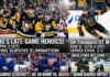 A multi-panel NHL news and NHL scores graphic summarizing the latest Stanley Cup Playoff action. The top panels feature Kris Letang celebrating the Penguins' overtime heroics and Shea Theodore skating after his OT winner. The bottom panels highlight previews for the Buffalo Sabres, Edmonton Oilers, and Minnesota Wild (Quinn Hughes) series, alongside an NHL hockey pool announcement.