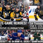 A multi-panel NHL news and NHL scores graphic summarizing the latest Stanley Cup Playoff action. The top panels feature Kris Letang celebrating the Penguins' overtime heroics and Shea Theodore skating after his OT winner. The bottom panels highlight previews for the Buffalo Sabres, Edmonton Oilers, and Minnesota Wild (Quinn Hughes) series, alongside an NHL hockey pool announcement.