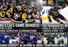 A multi-panel NHL news and NHL scores graphic summarizing the latest Stanley Cup Playoff action. The top panels feature Kris Letang celebrating the Penguins' overtime heroics and Shea Theodore skating after his OT winner. The bottom panels highlight previews for the Buffalo Sabres, Edmonton Oilers, and Minnesota Wild (Quinn Hughes) series, alongside an NHL hockey pool announcement.