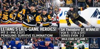 A multi-panel NHL news and NHL scores graphic summarizing the latest Stanley Cup Playoff action. The top panels feature Kris Letang celebrating the Penguins' overtime heroics and Shea Theodore skating after his OT winner. The bottom panels highlight previews for the Buffalo Sabres, Edmonton Oilers, and Minnesota Wild (Quinn Hughes) series, alongside an NHL hockey pool announcement.
