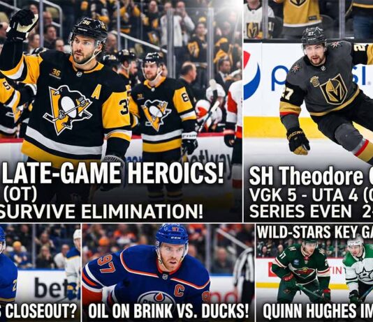 A multi-panel NHL news and NHL scores graphic summarizing the latest Stanley Cup Playoff action. The top panels feature Kris Letang celebrating the Penguins' overtime heroics and Shea Theodore skating after his OT winner. The bottom panels highlight previews for the Buffalo Sabres, Edmonton Oilers, and Minnesota Wild (Quinn Hughes) series, alongside an NHL hockey pool announcement.