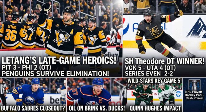 A multi-panel NHL news and NHL scores graphic summarizing the latest Stanley Cup Playoff action. The top panels feature Kris Letang celebrating the Penguins' overtime heroics and Shea Theodore skating after his OT winner. The bottom panels highlight previews for the Buffalo Sabres, Edmonton Oilers, and Minnesota Wild (Quinn Hughes) series, alongside an NHL hockey pool announcement.