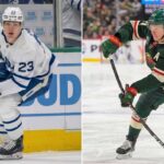 Split image featuring two NHL players in action for a 2026 NHL News update: on the left, Toronto Maple Leafs forward Matthew Knies in a white jersey looking at the puck; on the right, Minnesota Wild forward Kirill Kaprizov in a green jersey taking a powerful slap shot.