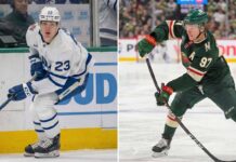 NHL News: Wild Clinch Playoff Spot; Kaprizov and Boldy Hit 40 Goals Split image featuring two NHL players in action for a 2026 NHL News update: on the left, Toronto Maple Leafs forward Matthew Knies in a white jersey looking at the puck; on the right, Minnesota Wild forward Kirill Kaprizov in a green jersey taking a powerful slap shot.