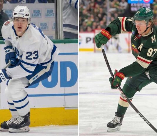 Split image featuring two NHL players in action for a 2026 NHL News update: on the left, Toronto Maple Leafs forward Matthew Knies in a white jersey looking at the puck; on the right, Minnesota Wild forward Kirill Kaprizov in a green jersey taking a powerful slap shot.