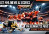 A dynamic NHL playoff graphic summarizing scores from April 29, 2026, featuring Philadelphia Flyers celebrating an overtime win that eliminated the Pittsburgh Penguins.