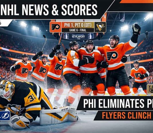 A dynamic NHL playoff graphic summarizing scores from April 29, 2026, featuring Philadelphia Flyers celebrating an overtime win that eliminated the Pittsburgh Penguins.