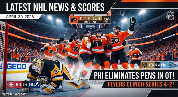 A dynamic NHL playoff graphic summarizing scores from April 29, 2026, featuring Philadelphia Flyers celebrating an overtime win that eliminated the Pittsburgh Penguins.