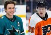 NHL News: Flyers Win Metropolitan Clash; Friday Scores & Saturday Preview Split image featuring two NHL players in action: San Jose Sharks center Macklin Celebrini (left, #71) smiling toward the crowd and Philadelphia Flyers rookie Matvei Michkov (right, #39) focused during a game. Both are key figures in today’s NHL News regarding historic point paces and intense playoff races.