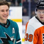 Split image featuring two NHL players in action: San Jose Sharks center Macklin Celebrini (left, #71) smiling toward the crowd and Philadelphia Flyers rookie Matvei Michkov (right, #39) focused during a game. Both are key figures in today’s NHL News regarding historic point paces and intense playoff races.