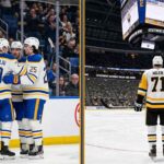 A composite split image illustrating current NHL News: The left side shows Buffalo Sabres players celebrating a goal with fans; the right side shows Pittsburgh Penguins superstar Evgeni Malkin (#71) standing alone on the ice looking up at a jumbotron.