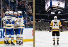 NHL News: Sabres & Lightning Clinch Playoffs; Saturday Scores & Recap A composite split image illustrating current NHL News: The left side shows Buffalo Sabres players celebrating a goal with fans; the right side shows Pittsburgh Penguins superstar Evgeni Malkin (#71) standing alone on the ice looking up at a jumbotron.