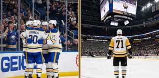A composite split image illustrating current NHL News: The left side shows Buffalo Sabres players celebrating a goal with fans; the right side shows Pittsburgh Penguins superstar Evgeni Malkin (#71) standing alone on the ice looking up at a jumbotron.