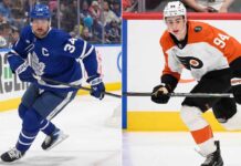 Side-by-side NHL player comparison graphic featuring established star Auston Matthews of the Toronto Maple Leafs (left) and highly touted Minnesota Wild prospect Porter Martone (right) of the 2025 NHL Draft class.