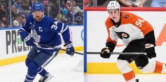 Side-by-side NHL player comparison graphic featuring established star Auston Matthews of the Toronto Maple Leafs (left) and highly touted Minnesota Wild prospect Porter Martone (right) of the 2025 NHL Draft class.