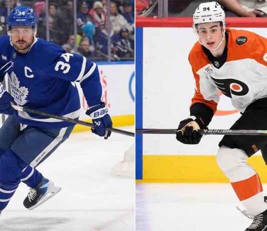 NHL News: Flyers Reclaim Playoff Spot; Montreal Canadiens Clinch Postseason Side-by-side NHL player comparison graphic featuring established star Auston Matthews of the Toronto Maple Leafs (left) and highly touted Minnesota Wild prospect Porter Martone (right) of the 2025 NHL Draft class.