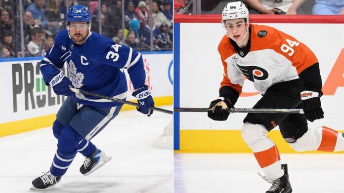 Side-by-side NHL player comparison graphic featuring established star Auston Matthews of the Toronto Maple Leafs (left) and highly touted Minnesota Wild prospect Porter Martone (right) of the 2025 NHL Draft class.