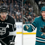 NHL News: Kings Reclaim Wild Card Spot; Sabres Tie Lightning for Atlantic Lead Split-screen photo comparing Anze Kopitar of the LA Kings (veteran star) and Macklin Celebrini of the San Jose Sharks (rookie sensation) during a Pacific Division NHL hockey matchup.