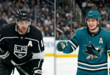 Split-screen photo comparing Anze Kopitar of the LA Kings (veteran star) and Macklin Celebrini of the San Jose Sharks (rookie sensation) during a Pacific Division NHL hockey matchup.