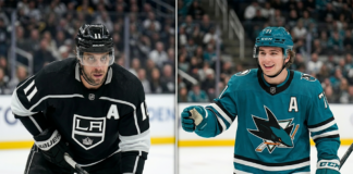 Split-screen photo comparing Anze Kopitar of the LA Kings (veteran star) and Macklin Celebrini of the San Jose Sharks (rookie sensation) during a Pacific Division NHL hockey matchup.
