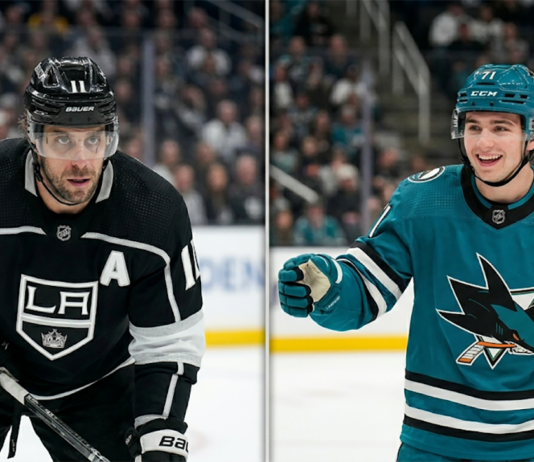 NHL News: Kings Reclaim Wild Card Spot; Sabres Tie Lightning for Atlantic Lead Split-screen photo comparing Anze Kopitar of the LA Kings (veteran star) and Macklin Celebrini of the San Jose Sharks (rookie sensation) during a Pacific Division NHL hockey matchup.