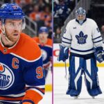 A split-panel image illustrating today's latest NHL news, featuring Connor McDavid of the Edmonton Oilers on the left and dejected Toronto Maple Leafs players walking off the ice on the right.