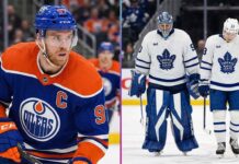 Latest NHL News Today: April 8 Scores, Leafs Injuries & McDavid Stats A split-panel image illustrating today's latest NHL news, featuring Connor McDavid of the Edmonton Oilers on the left and dejected Toronto Maple Leafs players walking off the ice on the right.